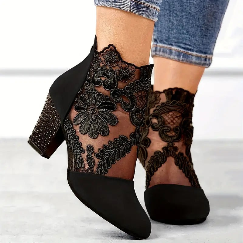Floral Lace Ankle Boots – Block Heel Pointed Toe Booties