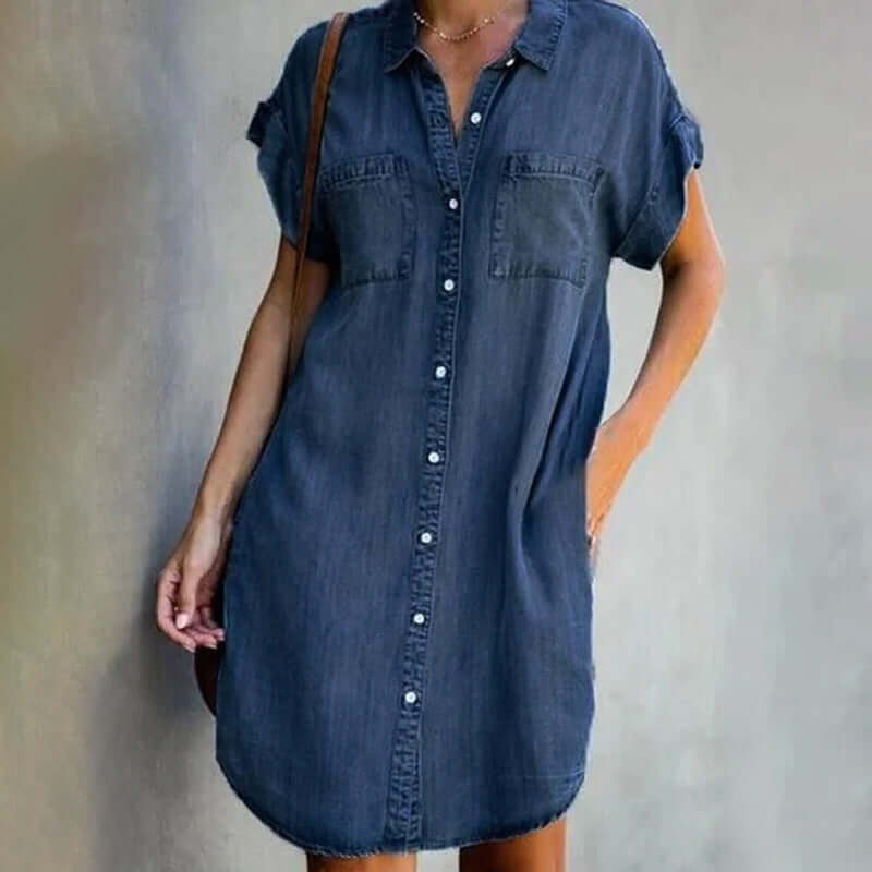 Denim Shirt Dress – Button-Down Short Sleeve Knee-Length