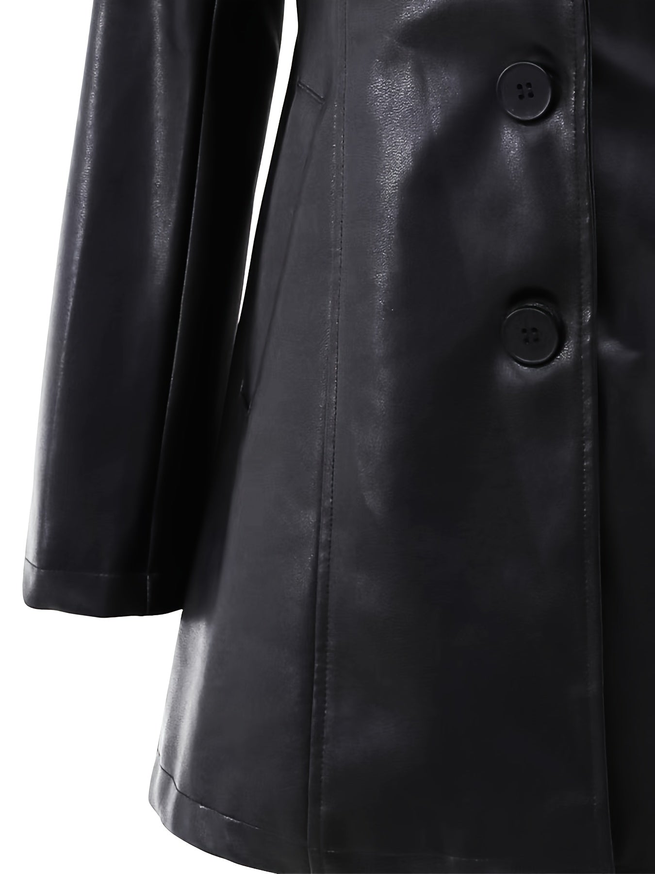 Black Faux Leather Trench Coat – Single-Breasted Mid-Length Slim Fit
