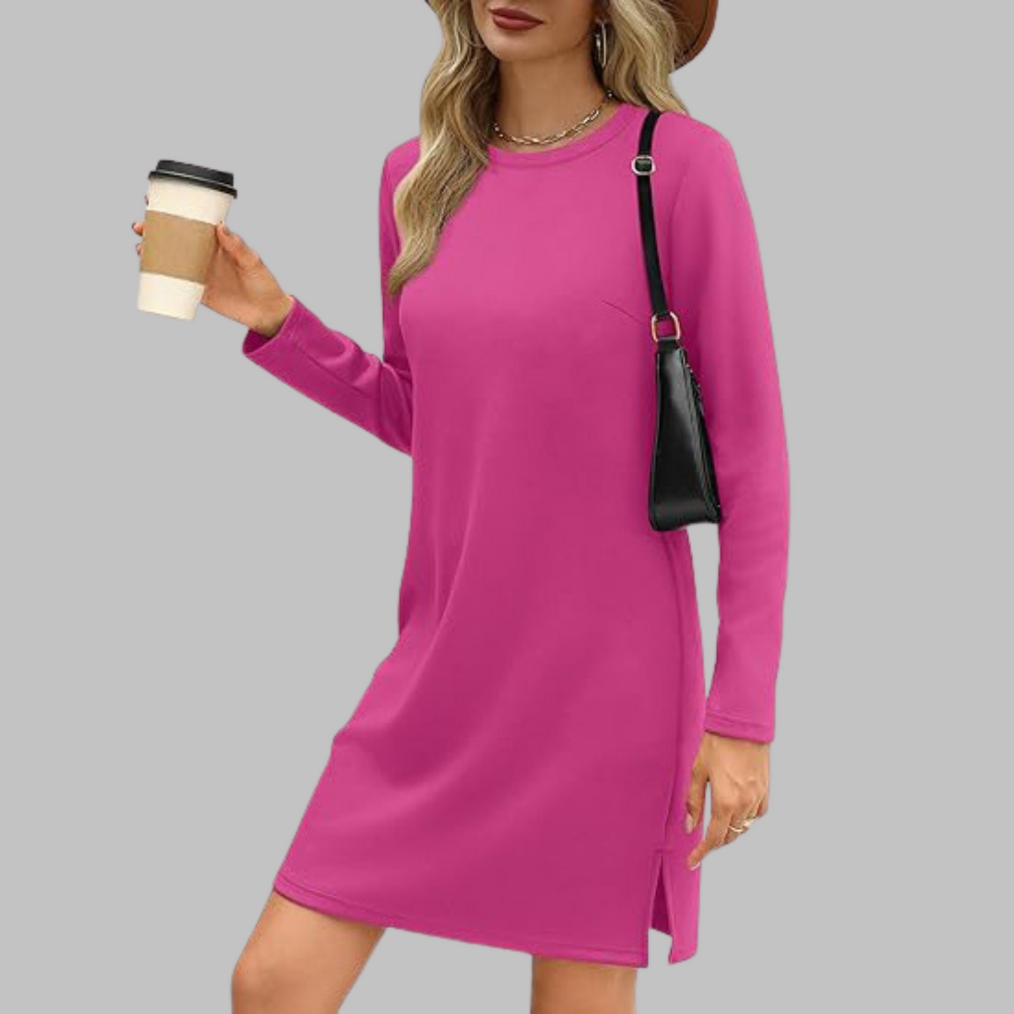 Long Sleeve Crewneck T-Shirt Dress – Slim Fit Casual Mini Dress