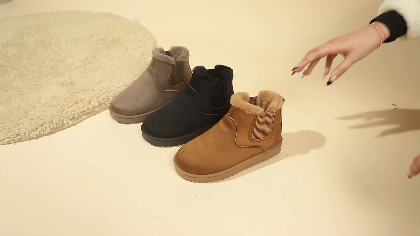 Faux Suede Fur-Lined Slip-On Ankle Boots – Plush Winter Booties