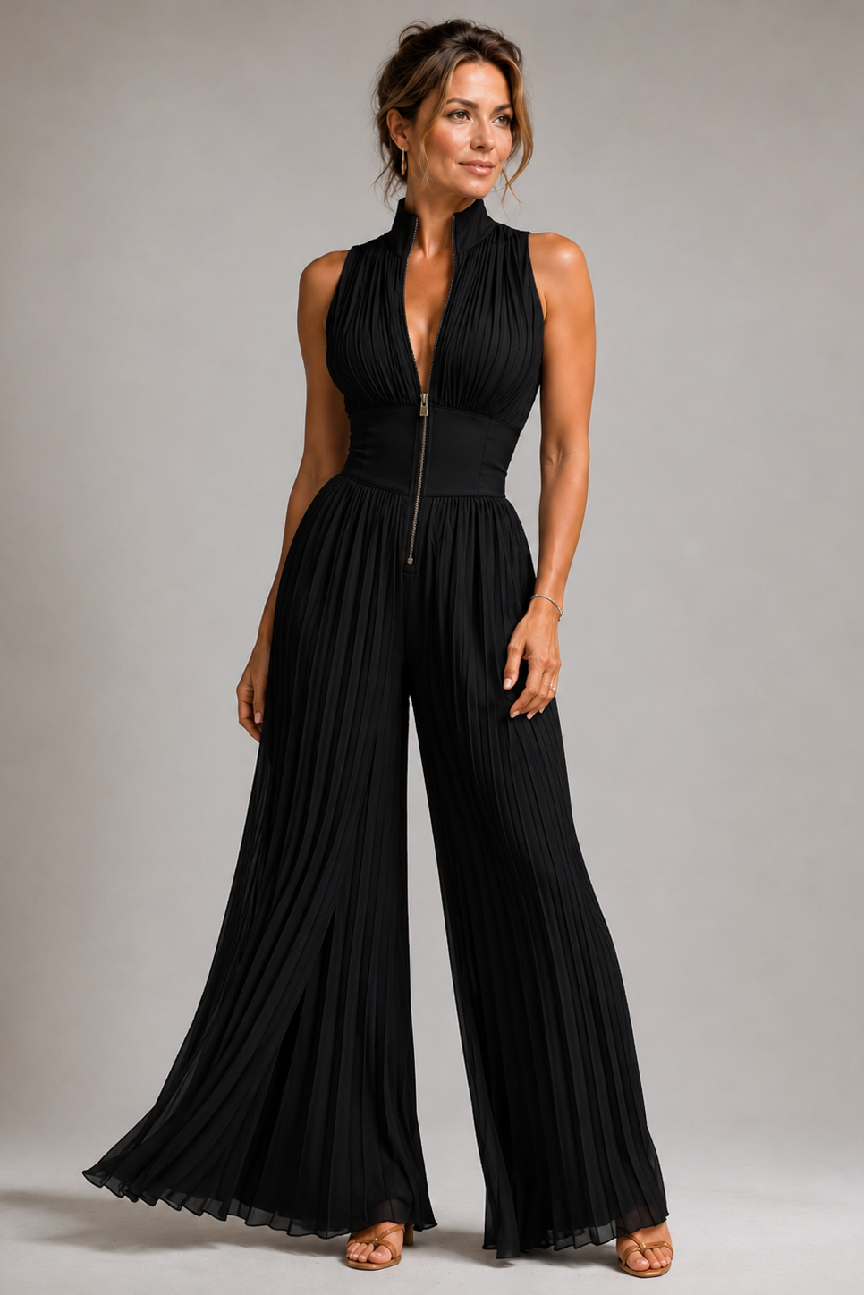 Pleated Wide-Leg Jumpsuit – Sleeveless Deep V-Neck Floral