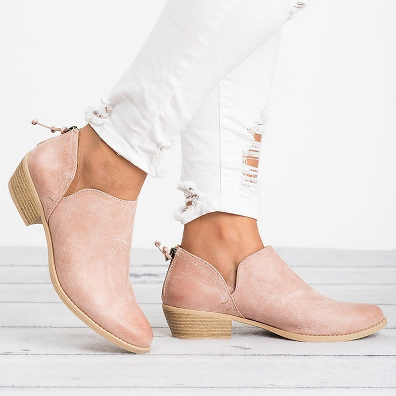 Slip-On Block Heel Ankle Boots – V-Cut Booties Retro Style