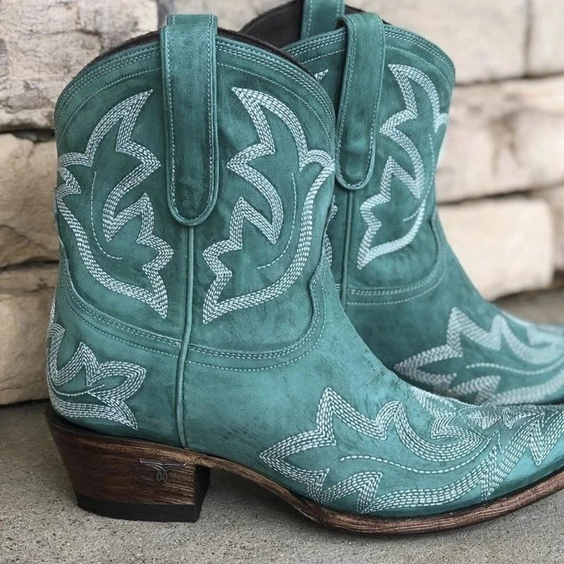 Embroidered Western Ankle Boots – Block Heel Pull-On Cowboy Booties