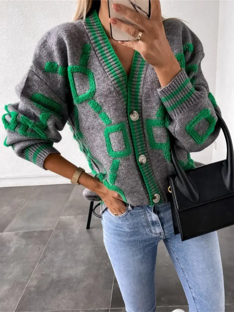 Geometric Knit Cardigan – V-Neck Button-Front Long Sleeve