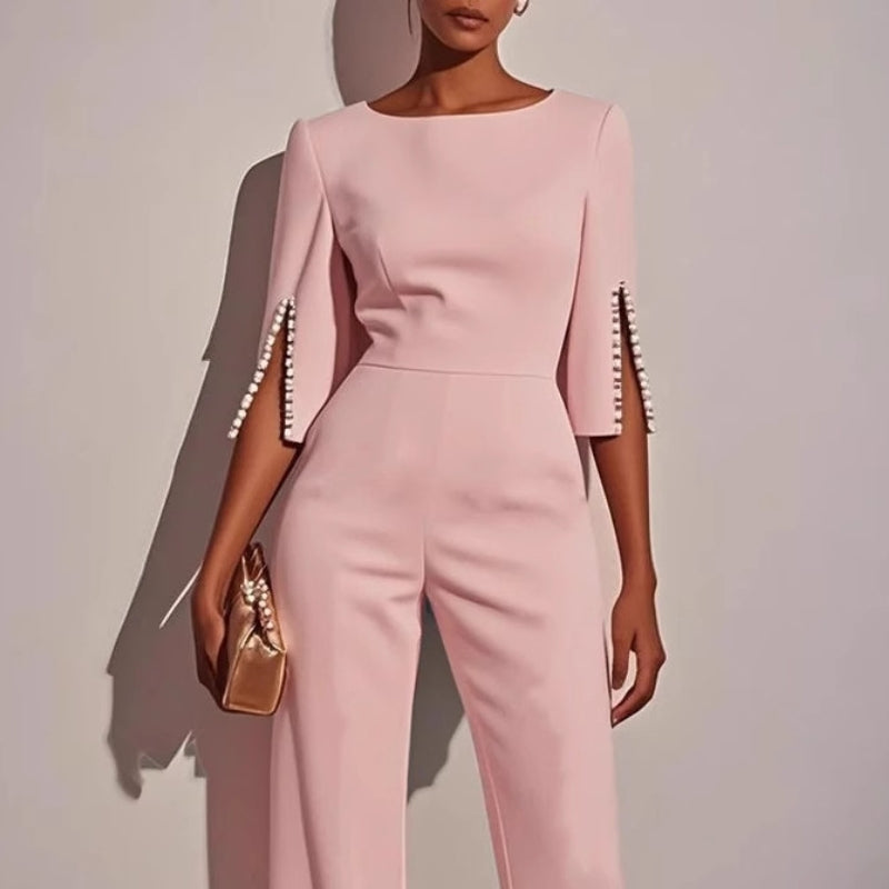Wide-Leg Formal Jumpsuit – Boat Neck Split Sleeve Pearl Detail