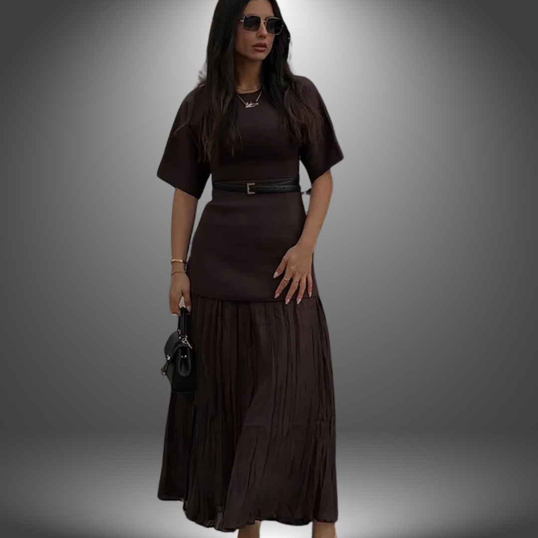 Pleated Maxi Dress – Short Sleeve Belted Mixed Texture