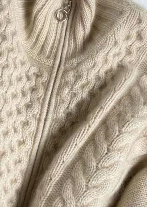 Cable Knit Zip-Up Cardigan – Chunky High-Neck Oversized Fit