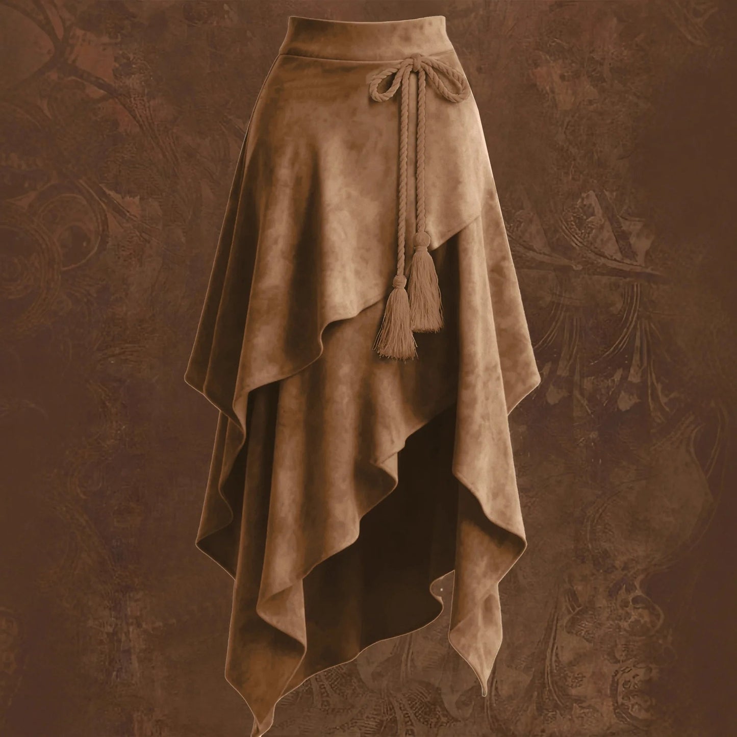 Faux Suede Wrap Midi Skirt – Asymmetric Layered Tassel Tie