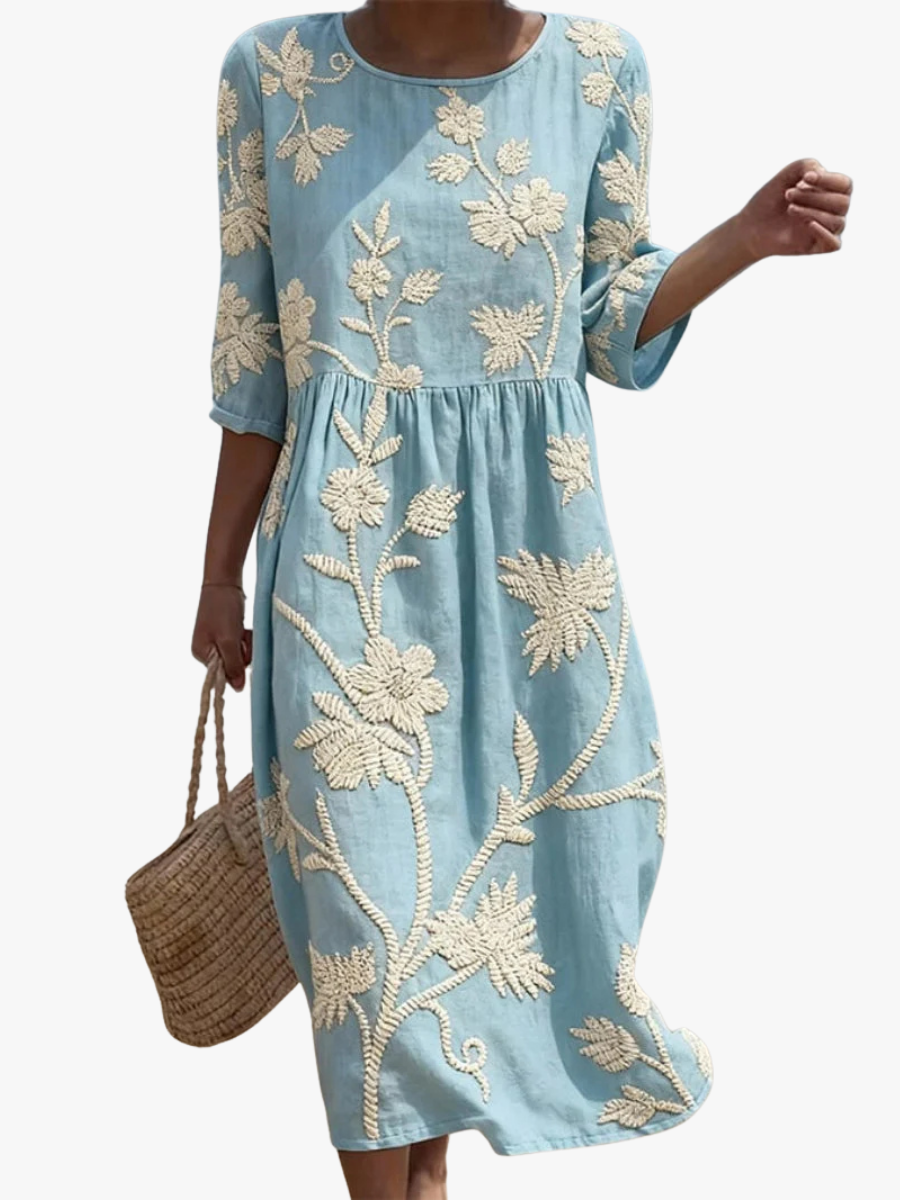 Floral Embroidered Linen Midi Dress – Boho Summer – Elixy Supply