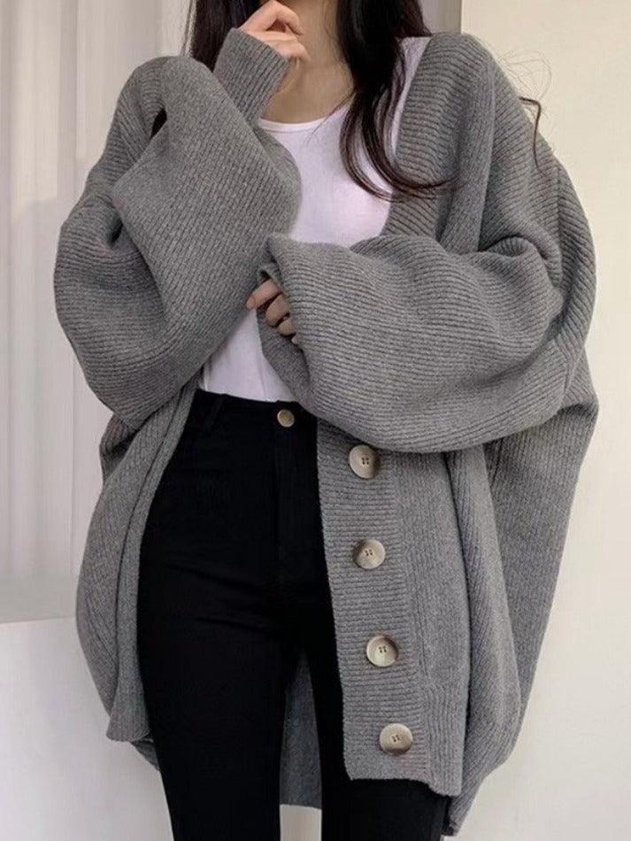 Ribbed Knit Oversized Cardigan – Button Front Long Sleeve