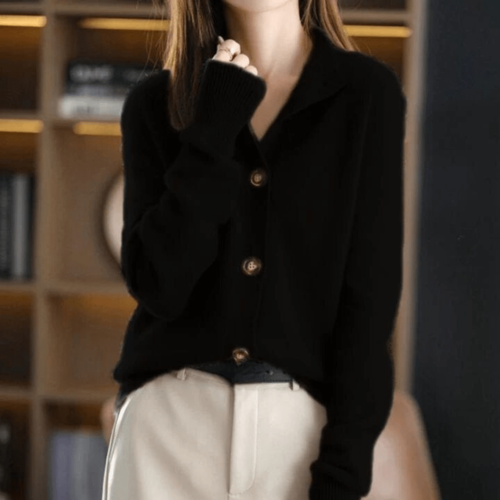 Cashmere Button-Front Cardigan – Collared Long Sleeve Knit Sweater