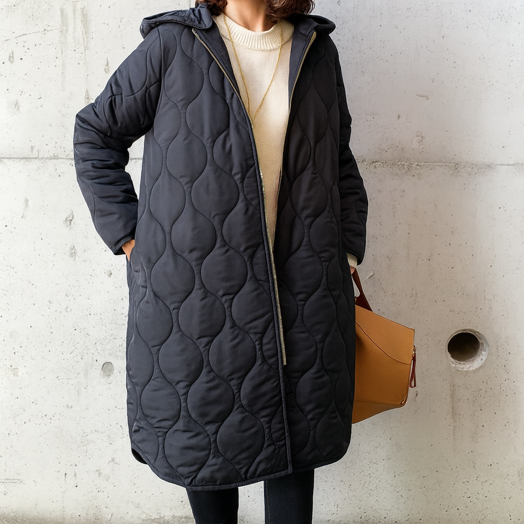 Quilted Hooded Long Coat – Women's Padded Parka Zip-Up