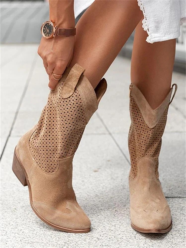 Suede Perforated Western Boots – Mid-Calf Block Heel Cowboy Boots