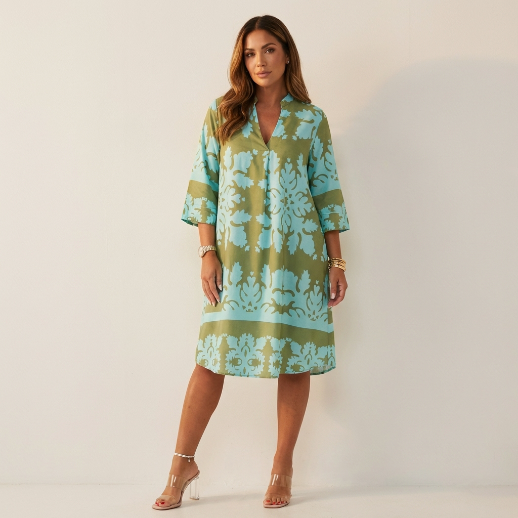 Printed Tunic Dress – V-Neck 3/4 Sleeve Knee-Length A-Line