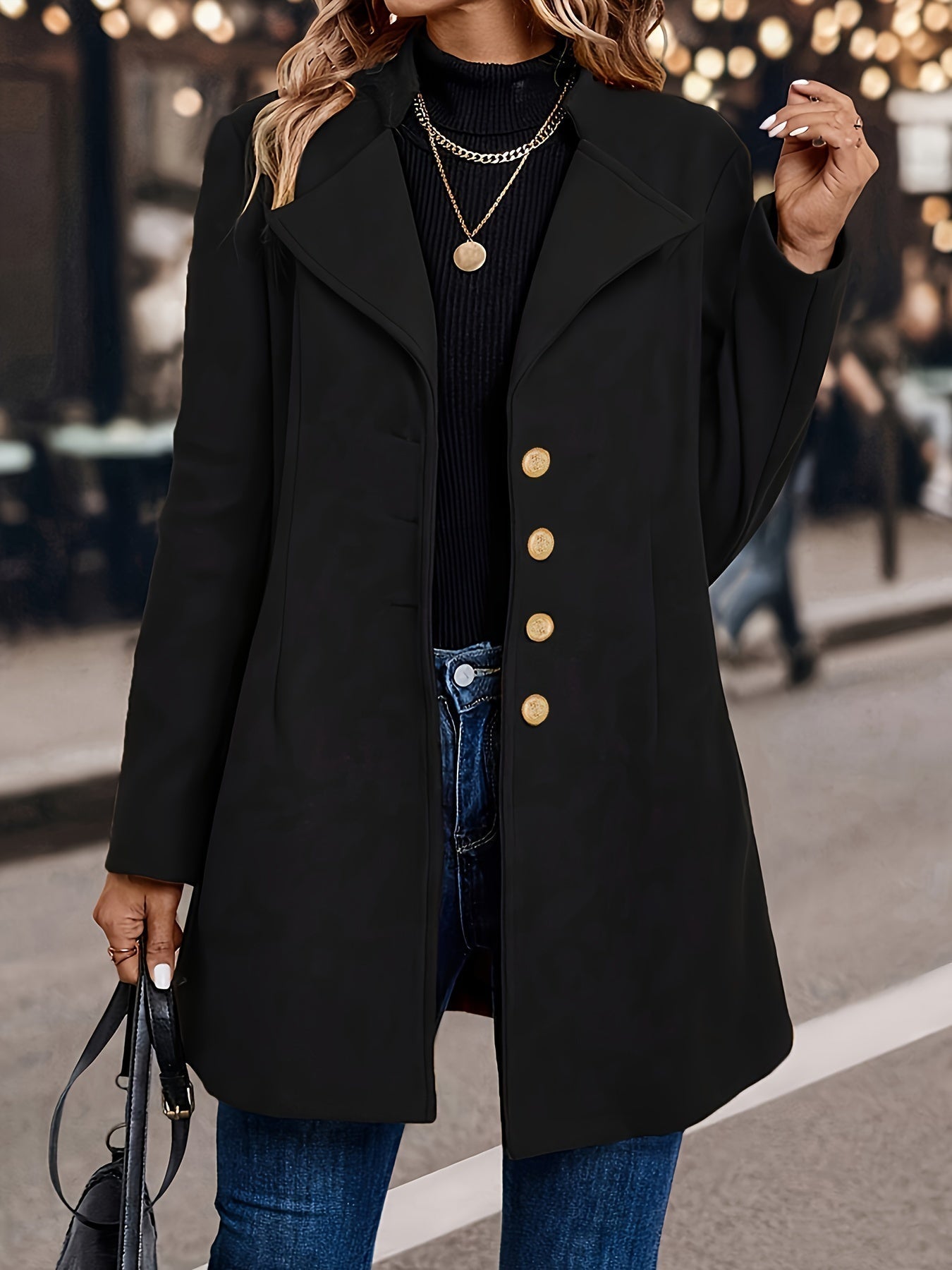 Wool-Blend Fitted Coat – Wide Collar Gold Button Midi