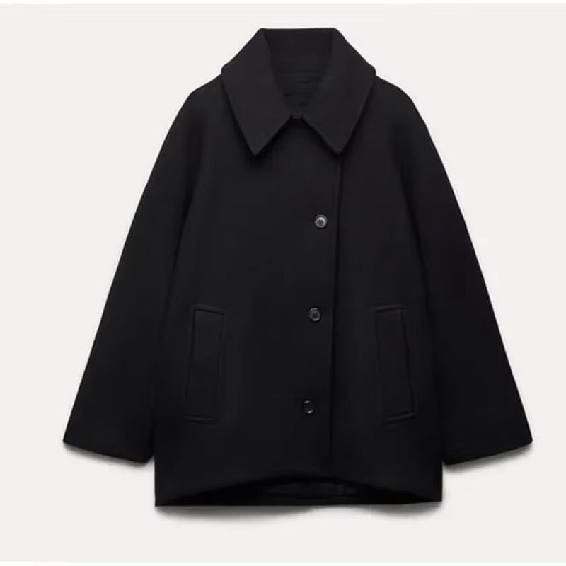 Short Oversized Wool-Blend Coat – Boxy Button-Front Winter Coat