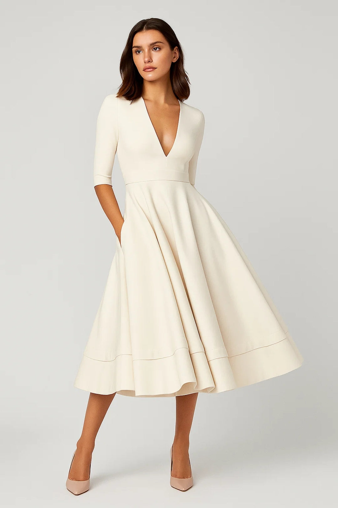 fit and flare midi dress with 3 4 sleeves A-Line – Deep V-Neck 3/4 Sleeve Flared – Elixy Supply june 24 collection COVID-19’s toll on the **Length Midi Size:Large (10-14)