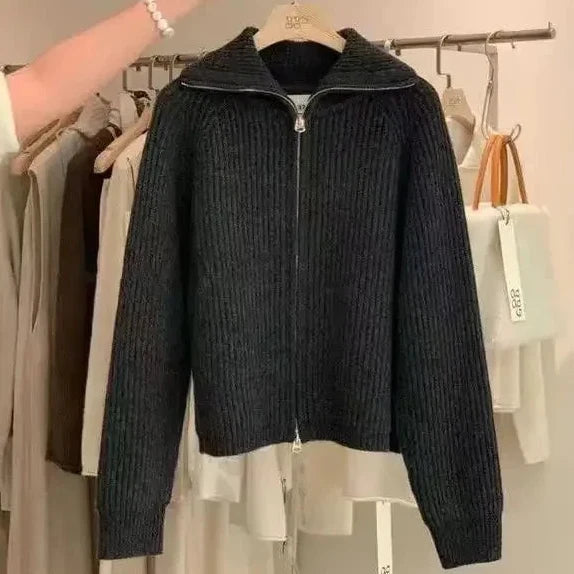 Ribbed Knit Zip-Up Cardigan – Women's High Collar Long Sleeve Sweater
