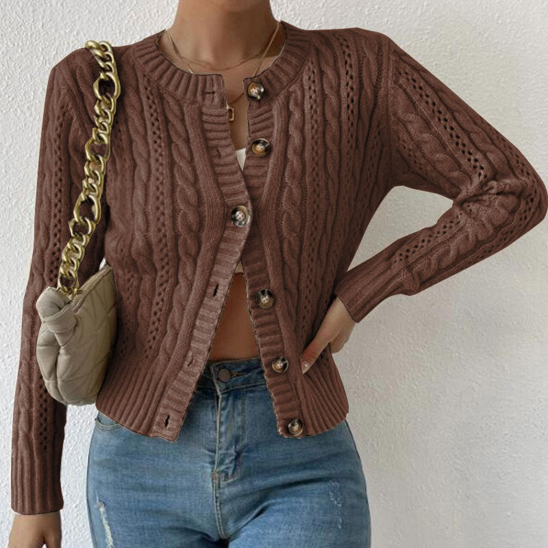 Cable Knit Cropped Cardigan – Button-Front Round Neck Long Sleeve
