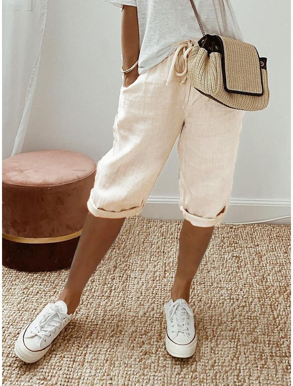 Cotton Linen Capri Pants – Wide Leg Drawstring Cuffed Summer