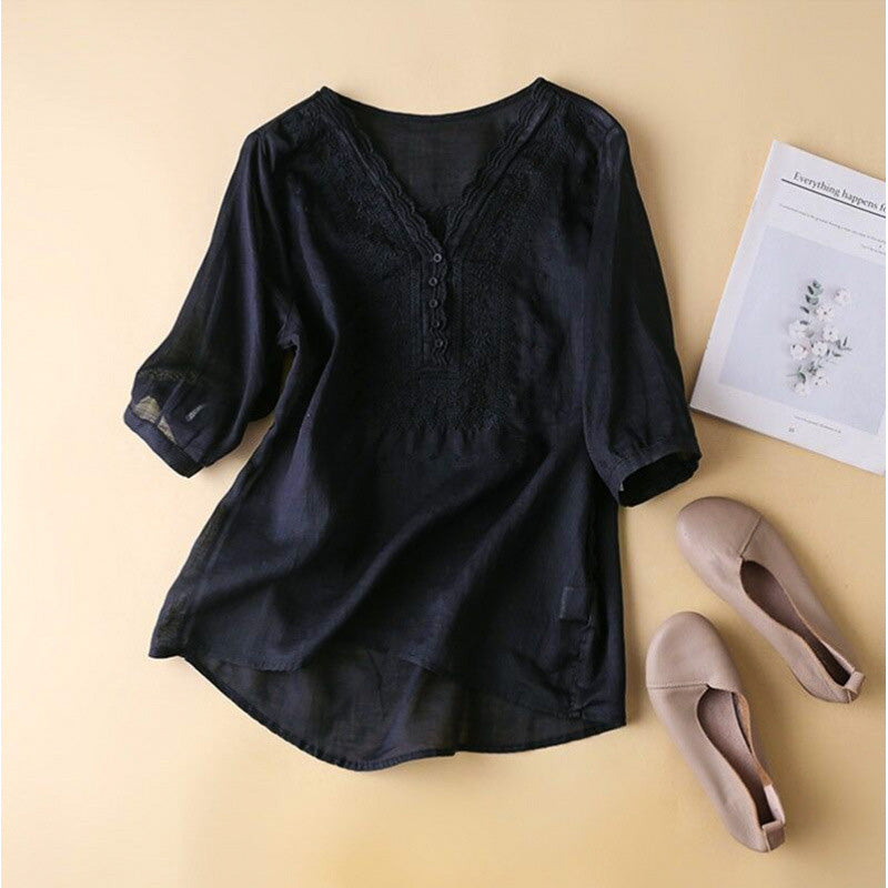 Cotton Linen Embroidered Blouse – V-Neck Scallop Half Sleeve Top