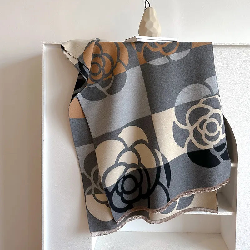 Camellia Print Reversible Scarf – Oversized Floral Wrap with Fringe
