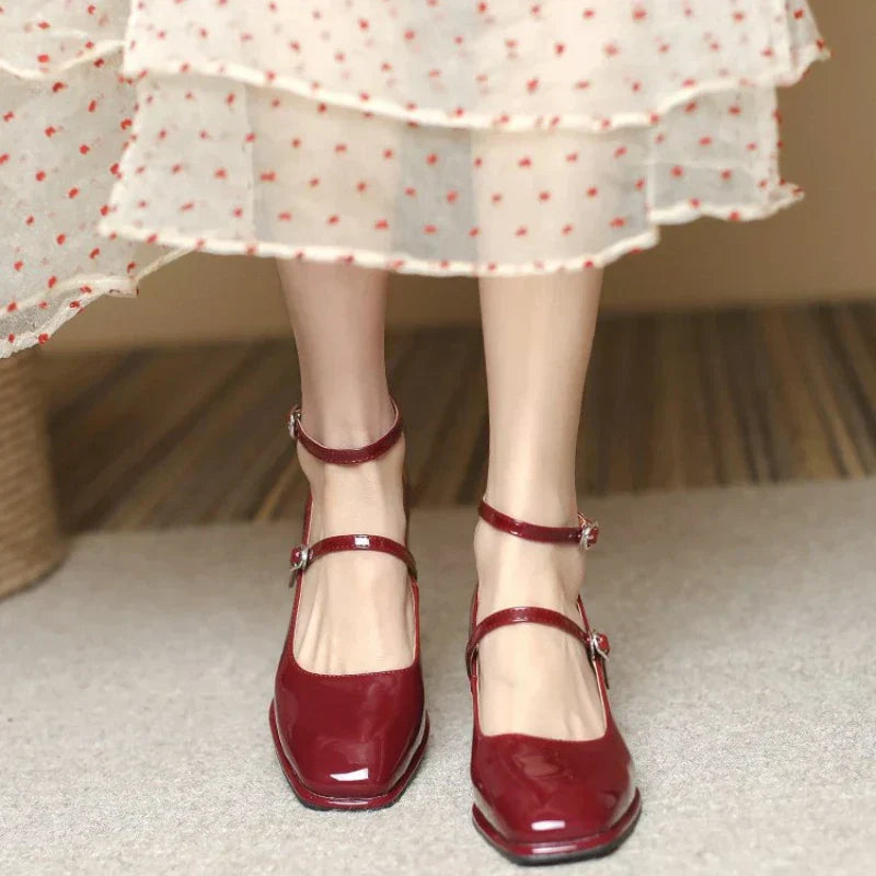 Patent Mary Jane Block Heel Pumps – Square Toe Ankle Strap