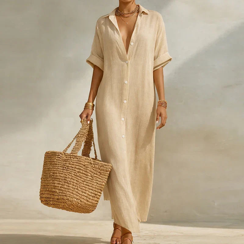 Striped Linen Blend Maxi Shirt Dress – Loose Button-Front Summer Dress
