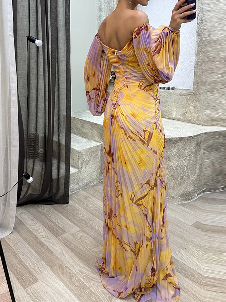 Pleated Chiffon Maxi Dress – Off-Shoulder Ruched Front Slit
