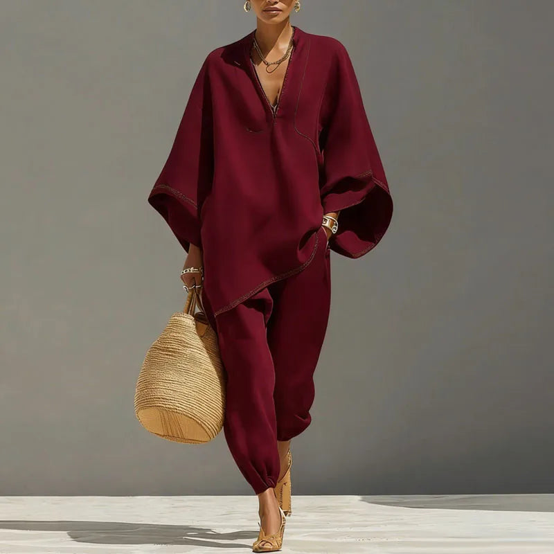 Linen Batwing Sleeve Two Piece Set – V-Neck Top Tapered Pants