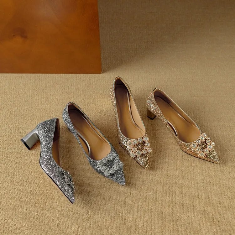 Glitter Block Heel Pumps – Pointed Toe Rhinestone Party Heels