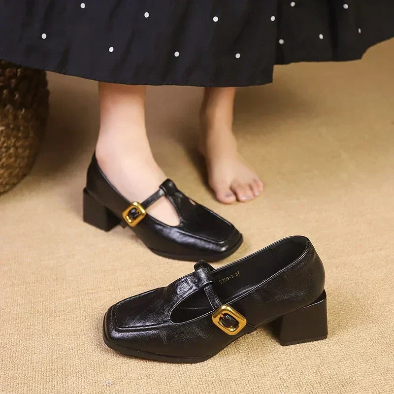 Square Toe Mary Jane Block Heel Pumps – T-Bar Buckle Retro Heels