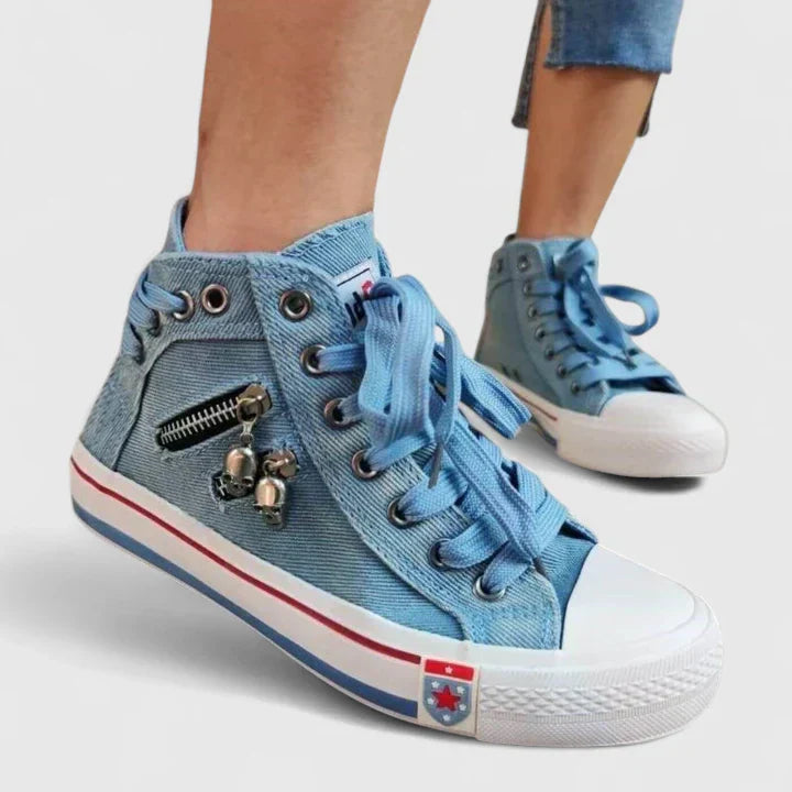 Denim High Top Sneakers – Women's Lace-Up Side Zip Skull Charm