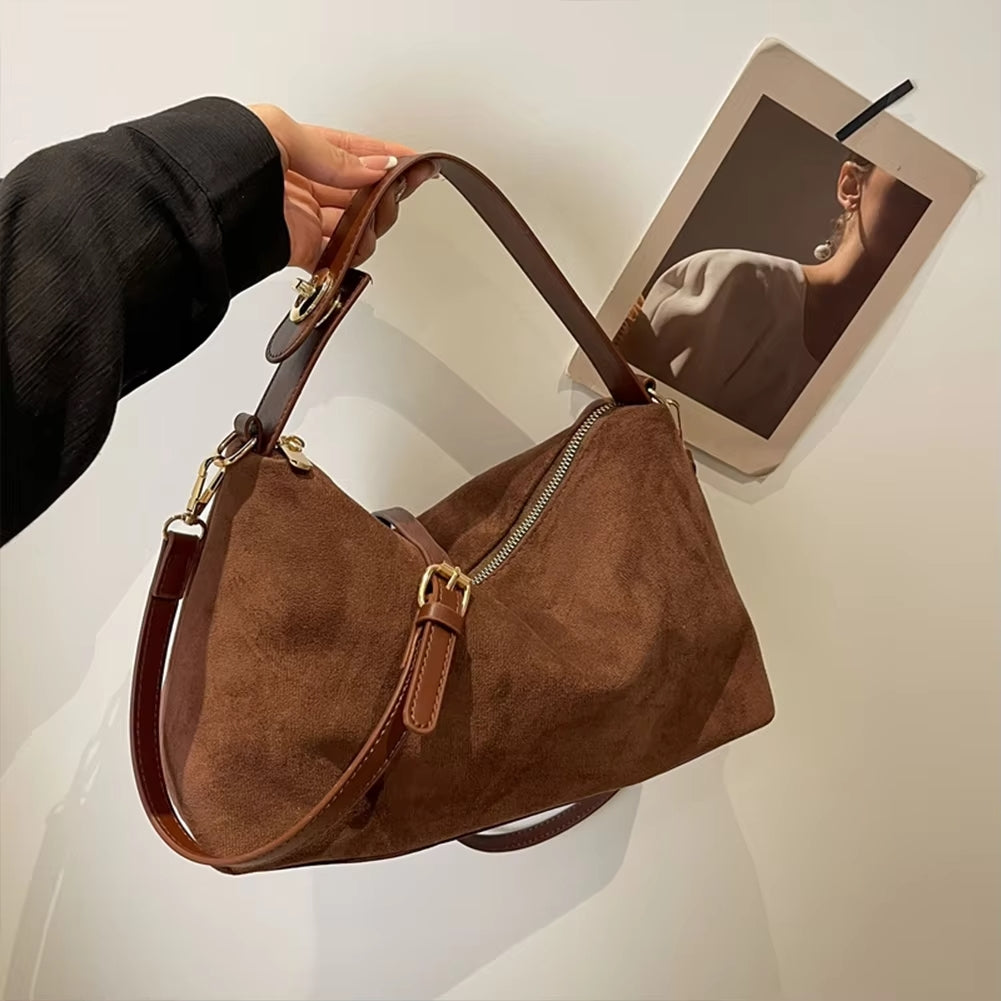 Suede Shoulder Bag with Top Handle – Zip Crossbody Gold Hardware