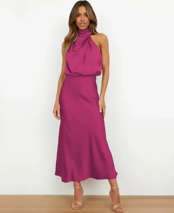 Women's Satin Halter Neck Midi Dress – Formal Sleeveless Evening Dress