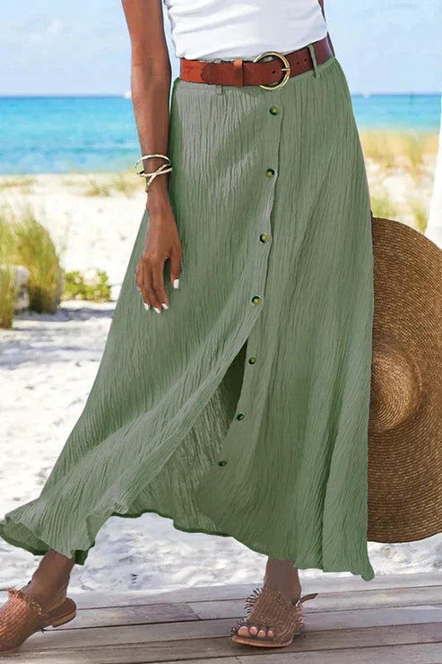 Linen Button-Front Maxi Skirt – Boho Flowy A-Line Summer Skirt