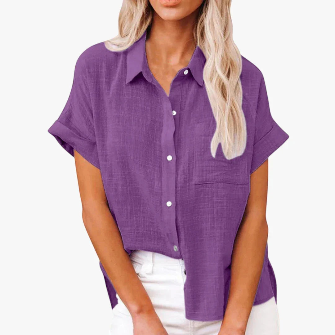 Women's Cotton Linen Button-Down Shirt – Oversized Short Sleeve Top with Pocket
