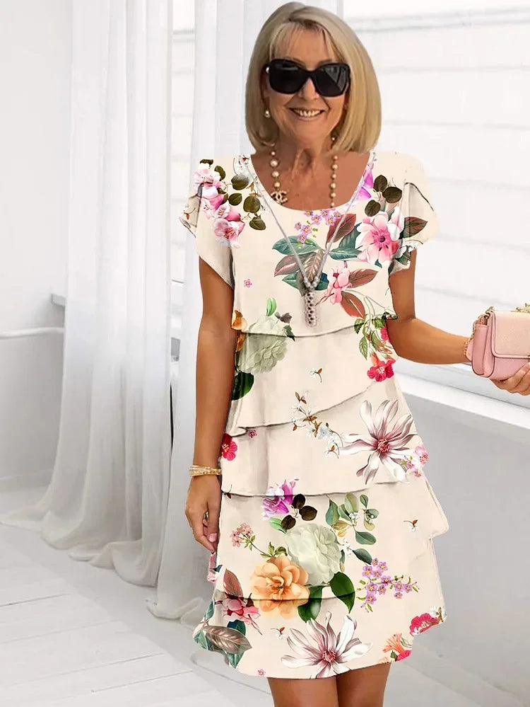 Tiered Ruffle Floral Dress – Flutter Sleeve Layered Midi