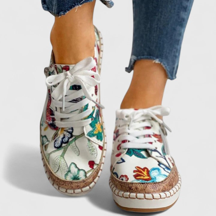 Floral Print Platform Sneakers – Cork Sole Lace-Up Low-Top