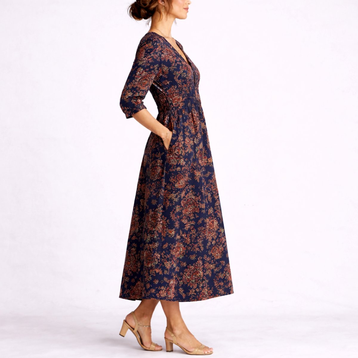Floral Print Maxi Dress – V-Neck A-Line Wedding Guest Dress with Pockets