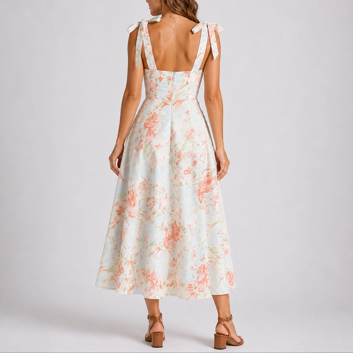 Floral Midi Dress – Ruched Bodice Tie-Strap A-Line Wedding Guest