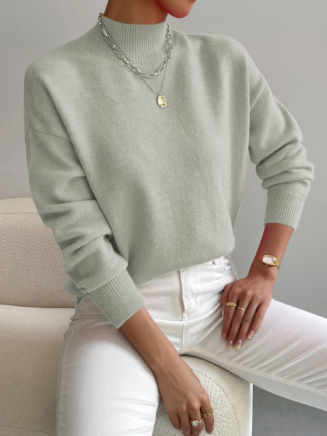 Mock Neck Pullover Sweater – Women's Relaxed Fit Soft Knit