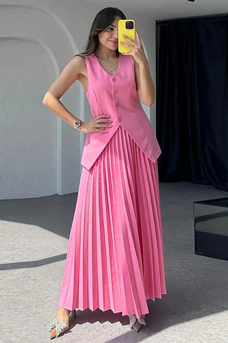 Pleated Maxi Skirt Two-Piece Set – V-Neck Vest Asymmetric Hem