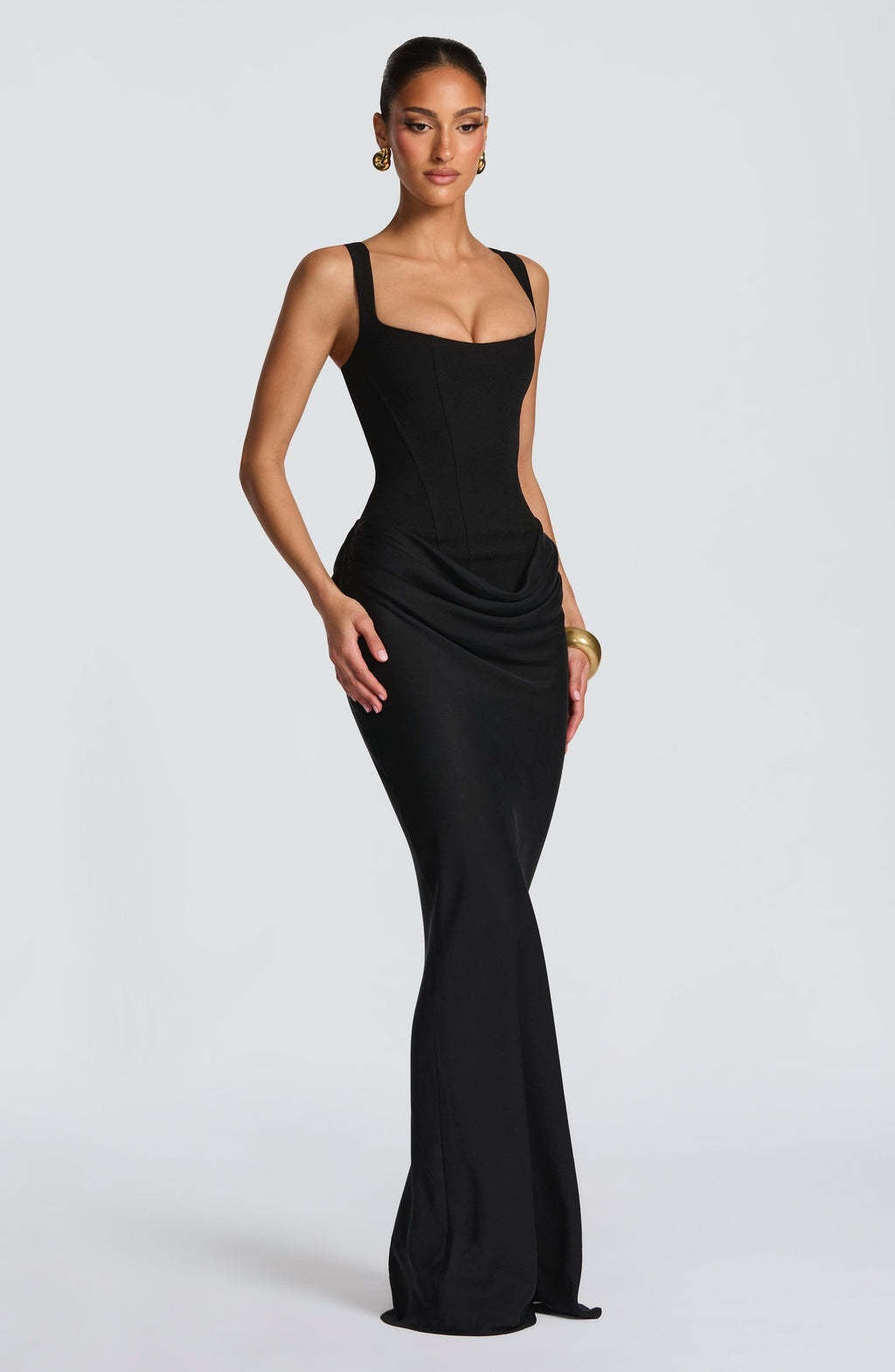 Corset Bodice Draped Maxi Dress – Sleeveless Formal Gown