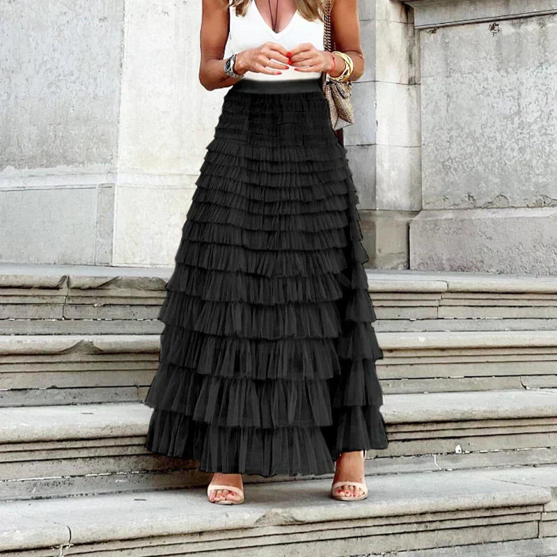 Tiered Tulle Maxi Skirt – High Waist A-Line Layered Ruffle Skirt