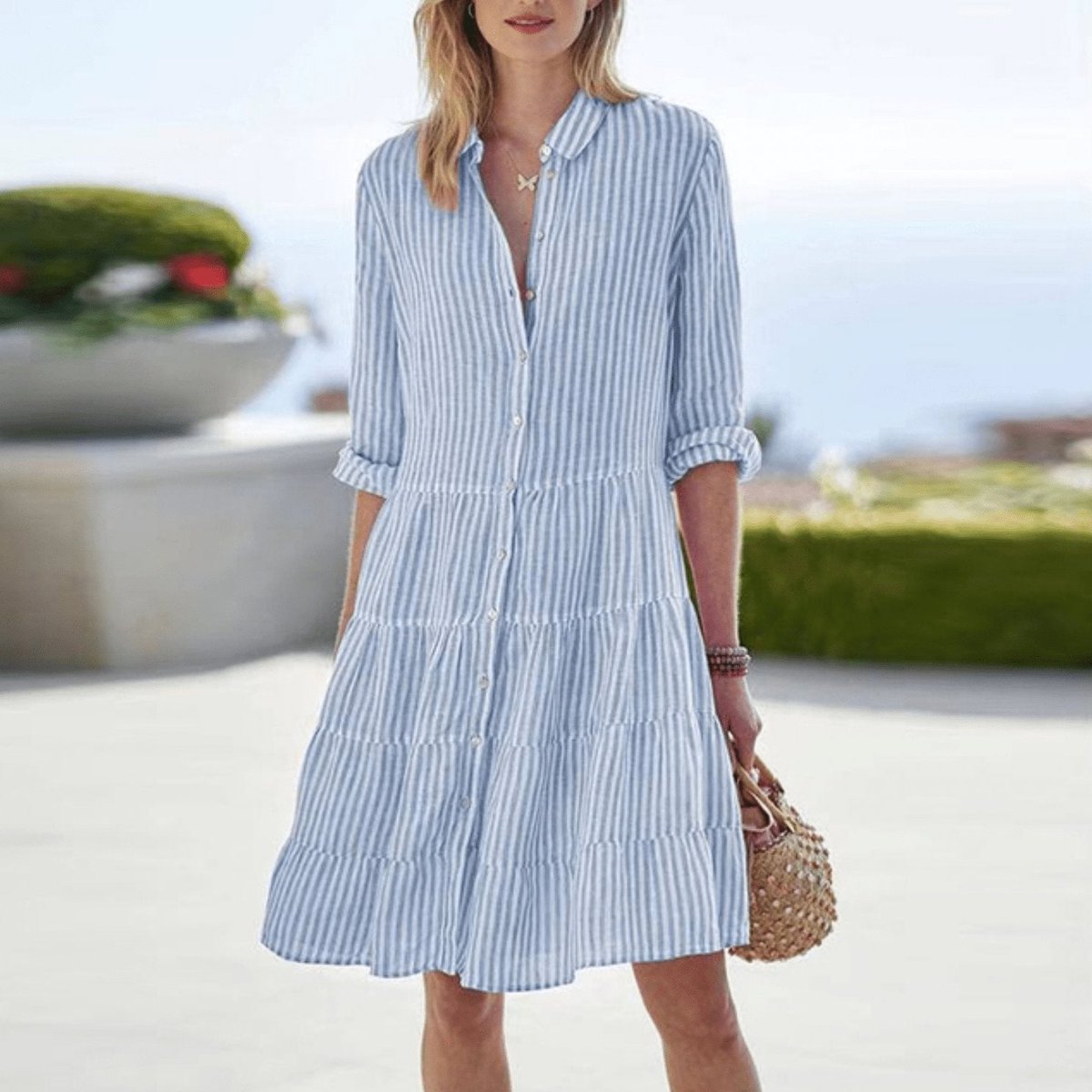 Striped Tiered Shirt Dress – Button-Front A-Line 3/4 Sleeve