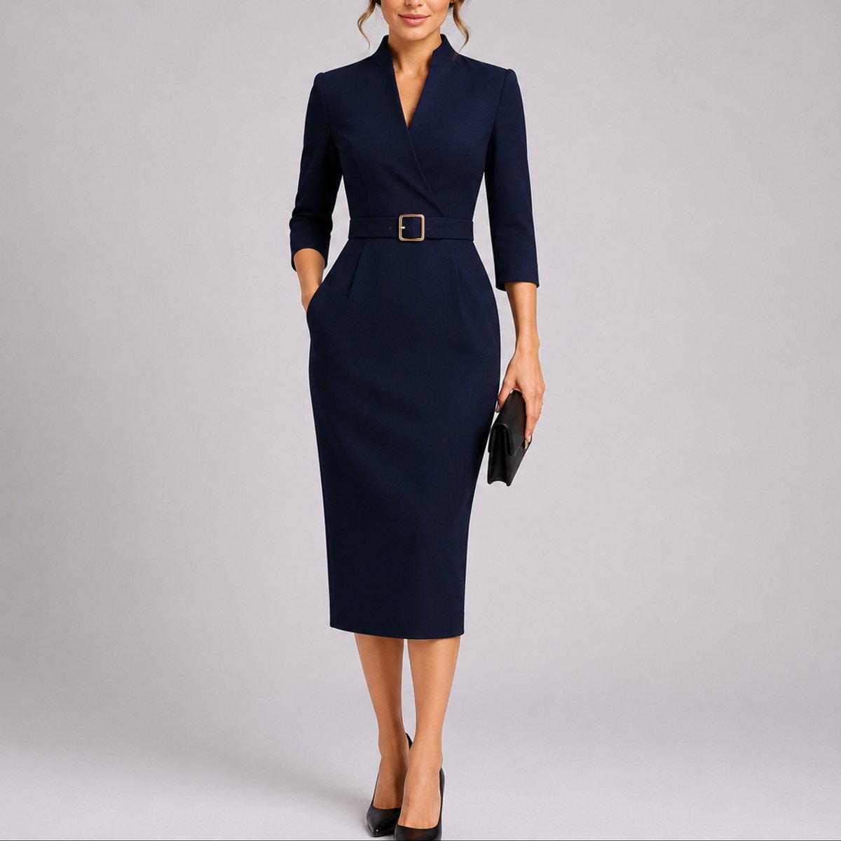 bodycon belted dress Midi – V-Neck 3/4 Sleeve – Elixy Supply Buy H&M Women Crinkled vacation wear Zipper Closure Color:Black/Gold
