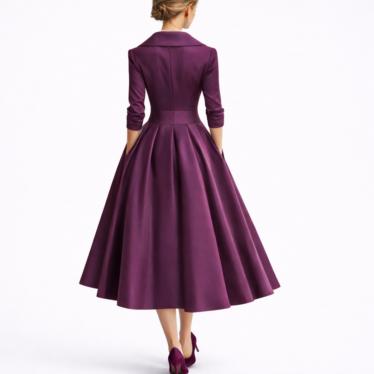 A-Line Wrap Midi Dress – V-Neck 3/4 Sleeve Wedding Guest Dress