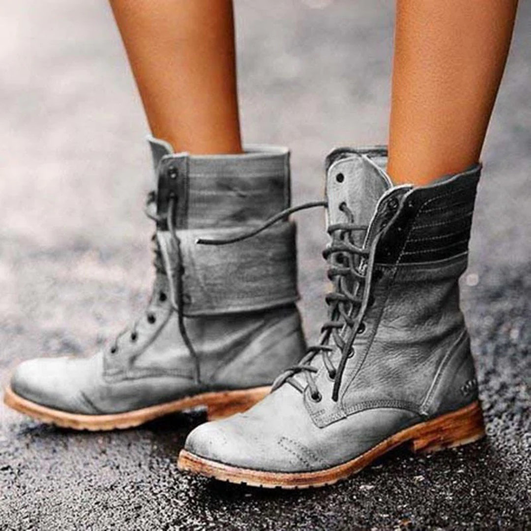 Leather Lace-Up Combat Boots – Women's Mid-Calf Vintage Style